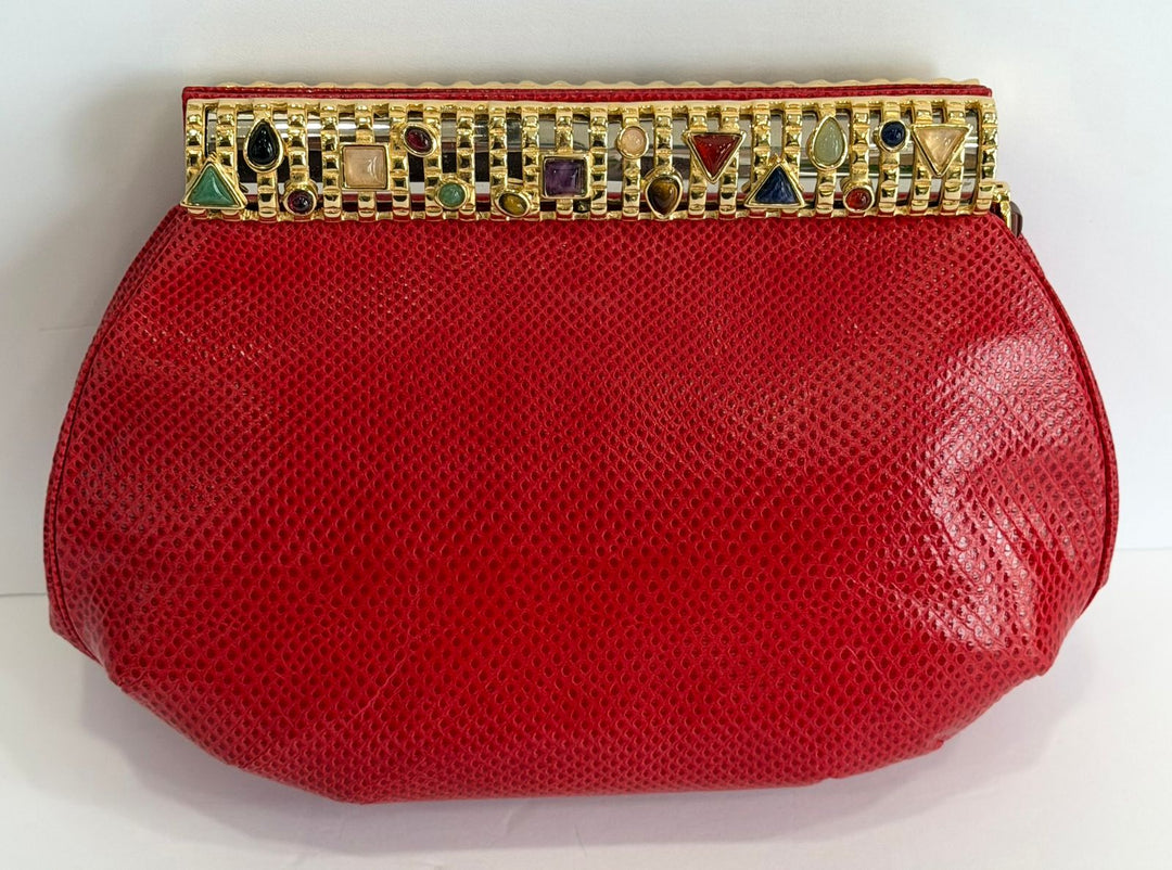 JUDITH LEIBER LIZARD SKIN GEMSTONE EMBELLISHED CLUTCH BAG