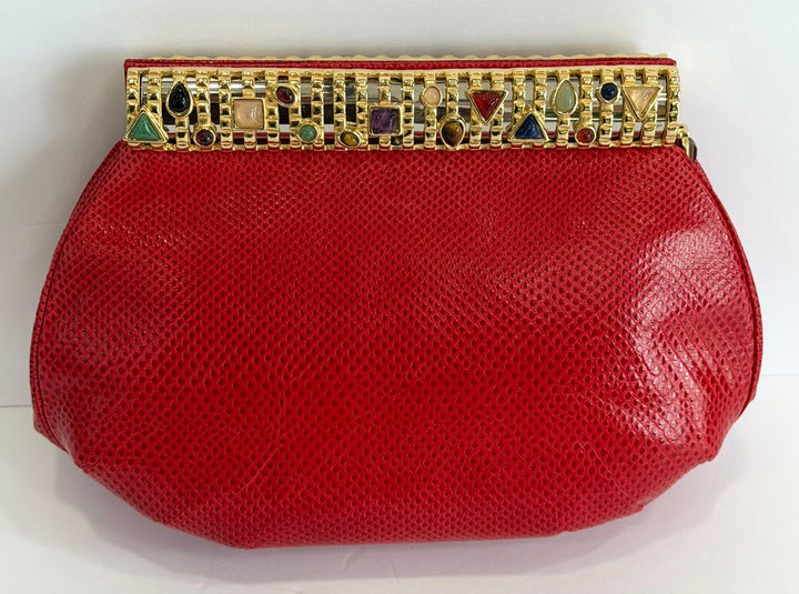 JUDITH LEIBER LIZARD SKIN GEMSTONE EMBELLISHED CLUTCH BAG