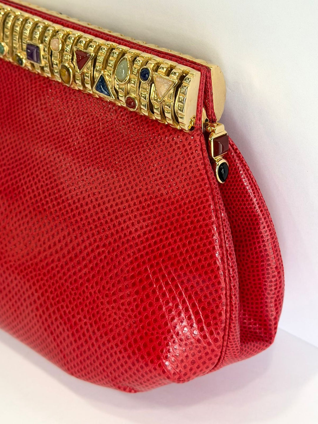JUDITH LEIBER LIZARD SKIN GEMSTONE EMBELLISHED CLUTCH BAG