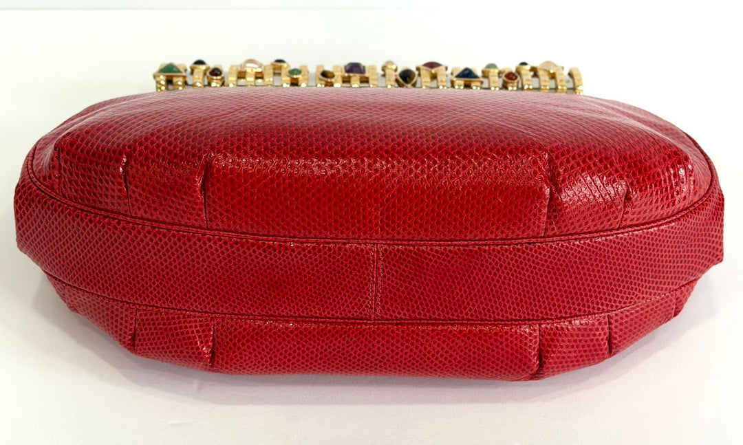JUDITH LEIBER LIZARD SKIN GEMSTONE EMBELLISHED CLUTCH BAG