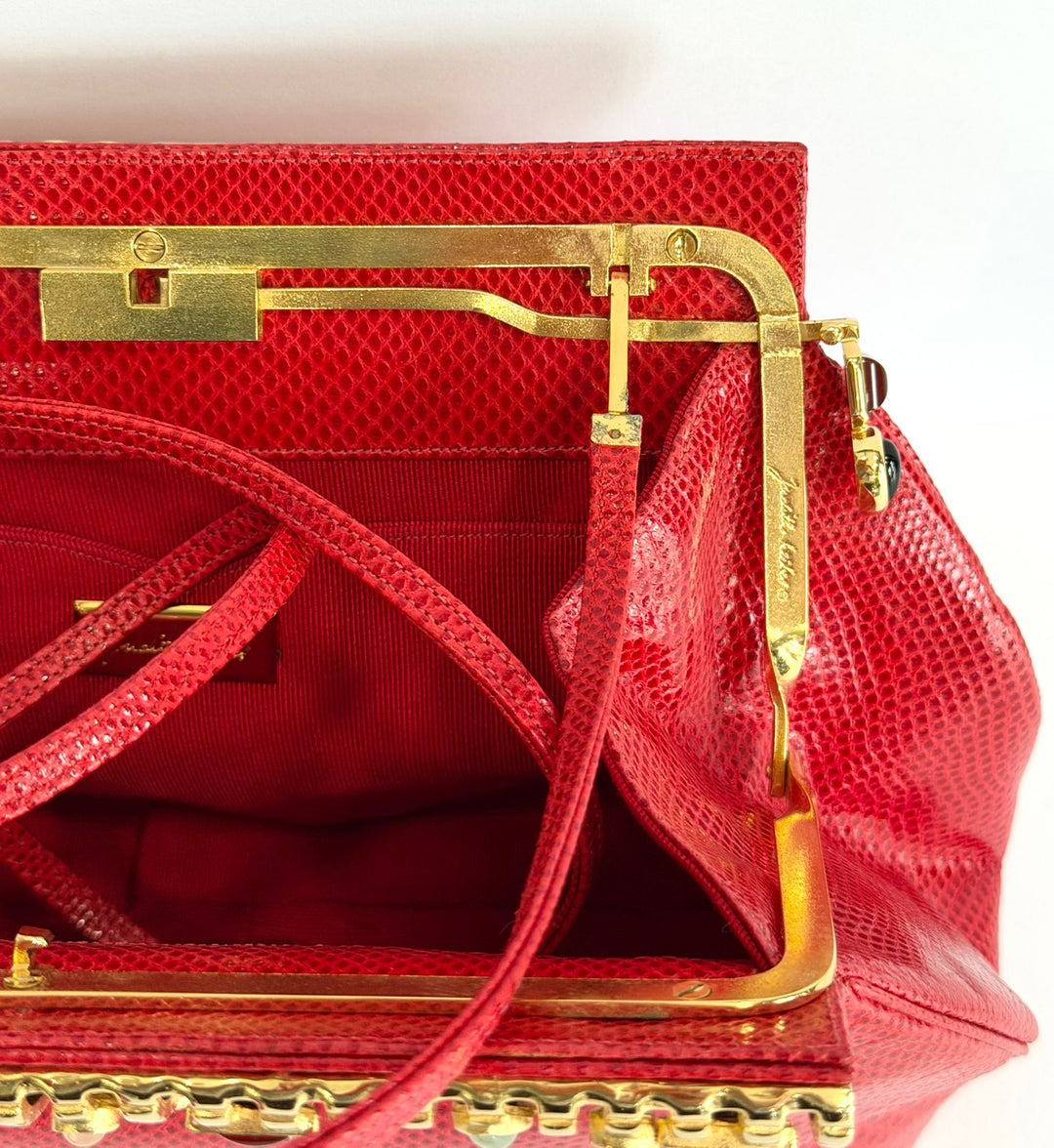 JUDITH LEIBER LIZARD SKIN GEMSTONE EMBELLISHED CLUTCH BAG