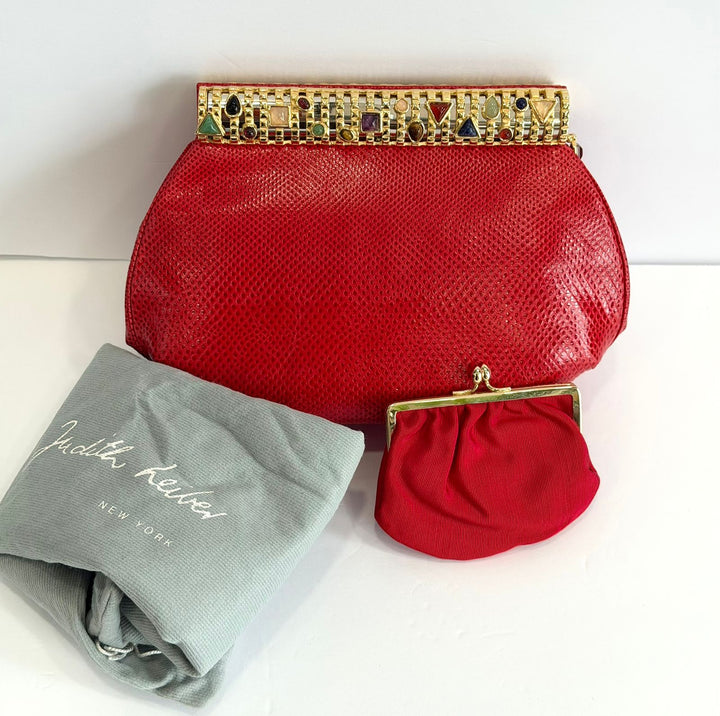 JUDITH LEIBER LIZARD SKIN GEMSTONE EMBELLISHED CLUTCH BAG
