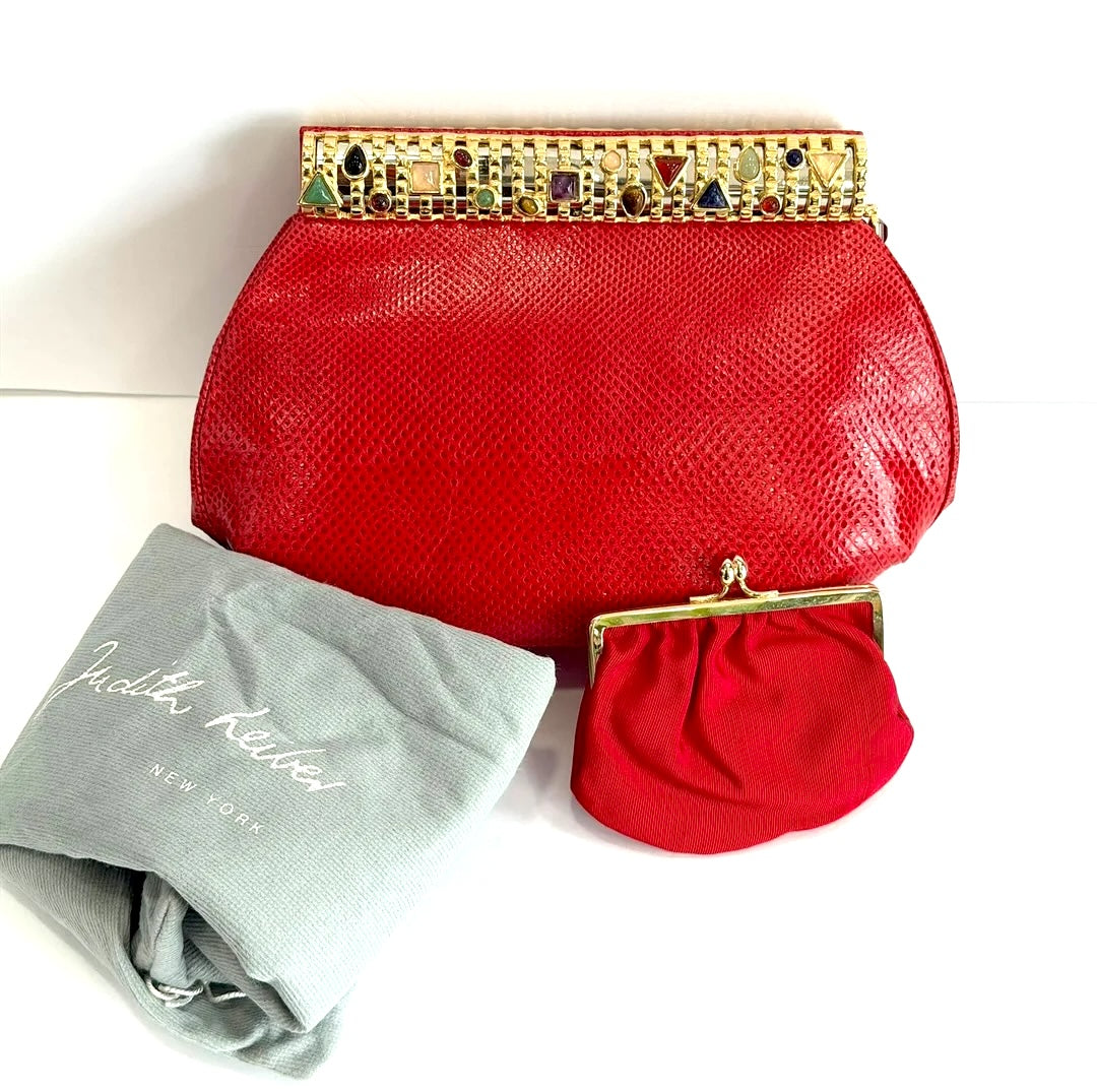 JUDITH LEIBER LIZARD SKIN GEMSTONE EMBELLISHED CLUTCH BAG