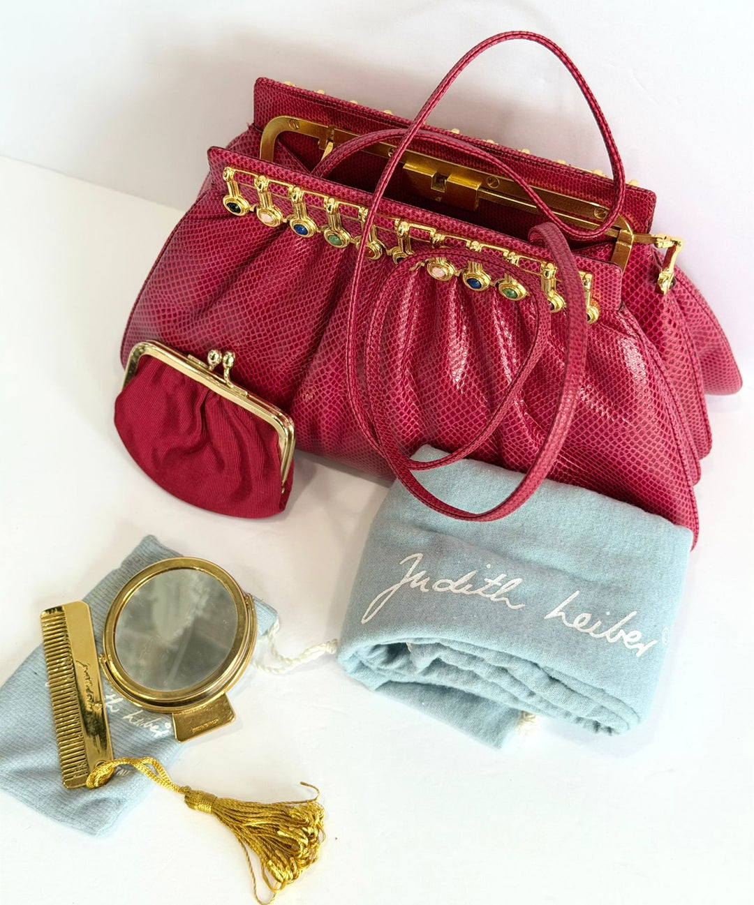 JUDITH LEIBER RASPBERRY LIZARD LEATHER VINTAGE CLUTCH BAG
