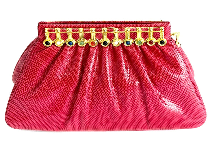 JUDITH LEIBER RASPBERRY LIZARD LEATHER VINTAGE CLUTCH BAG