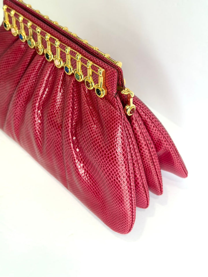 JUDITH LEIBER RASPBERRY LIZARD LEATHER VINTAGE CLUTCH BAG