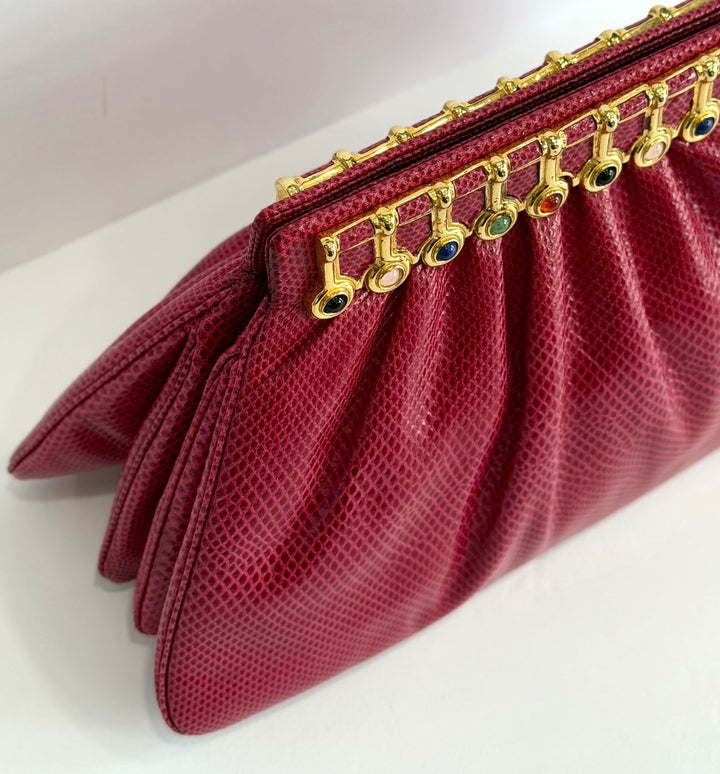 JUDITH LEIBER RASPBERRY LIZARD LEATHER VINTAGE CLUTCH BAG