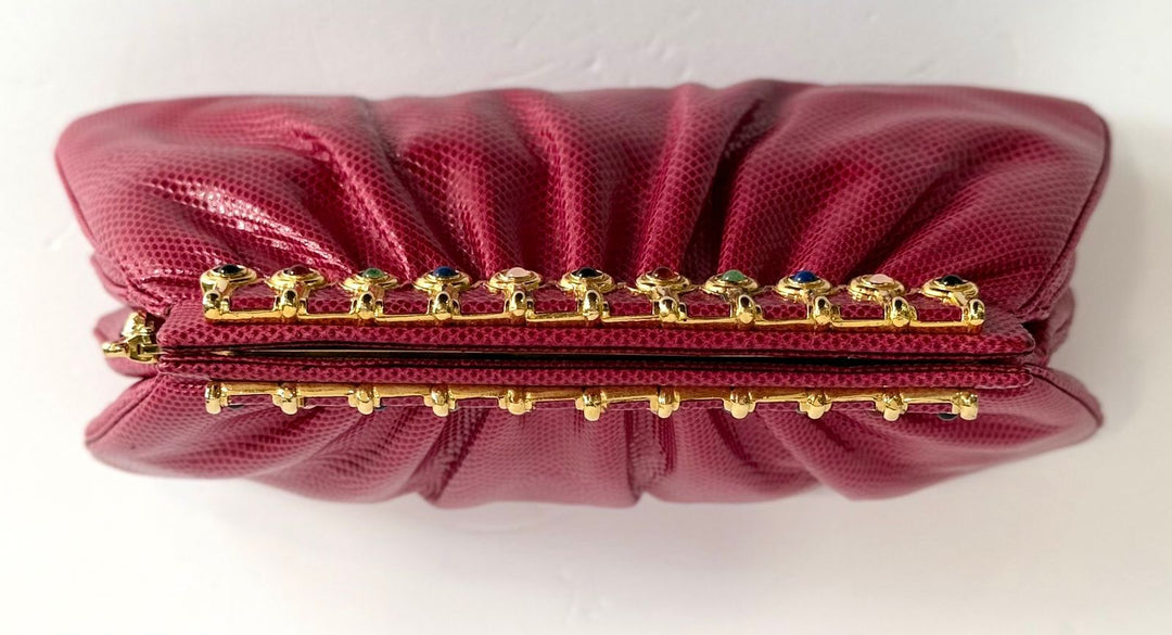 JUDITH LEIBER RASPBERRY LIZARD LEATHER VINTAGE CLUTCH BAG