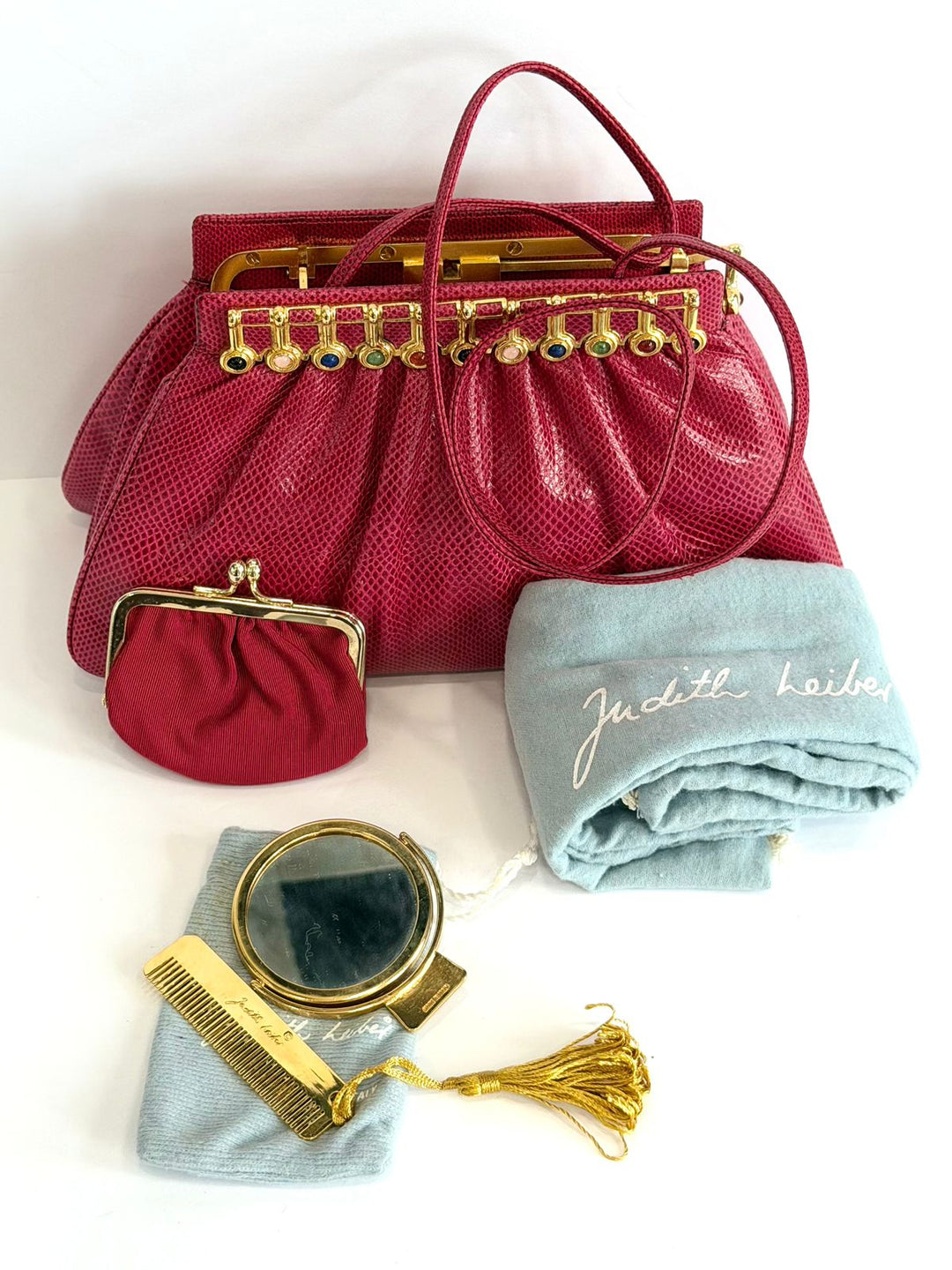 JUDITH LEIBER RASPBERRY LIZARD LEATHER VINTAGE CLUTCH BAG