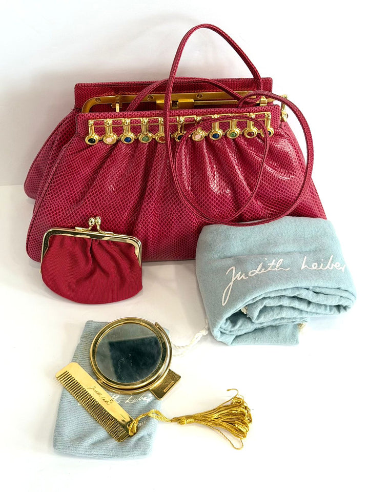 JUDITH LEIBER RASPBERRY LIZARD LEATHER VINTAGE CLUTCH BAG