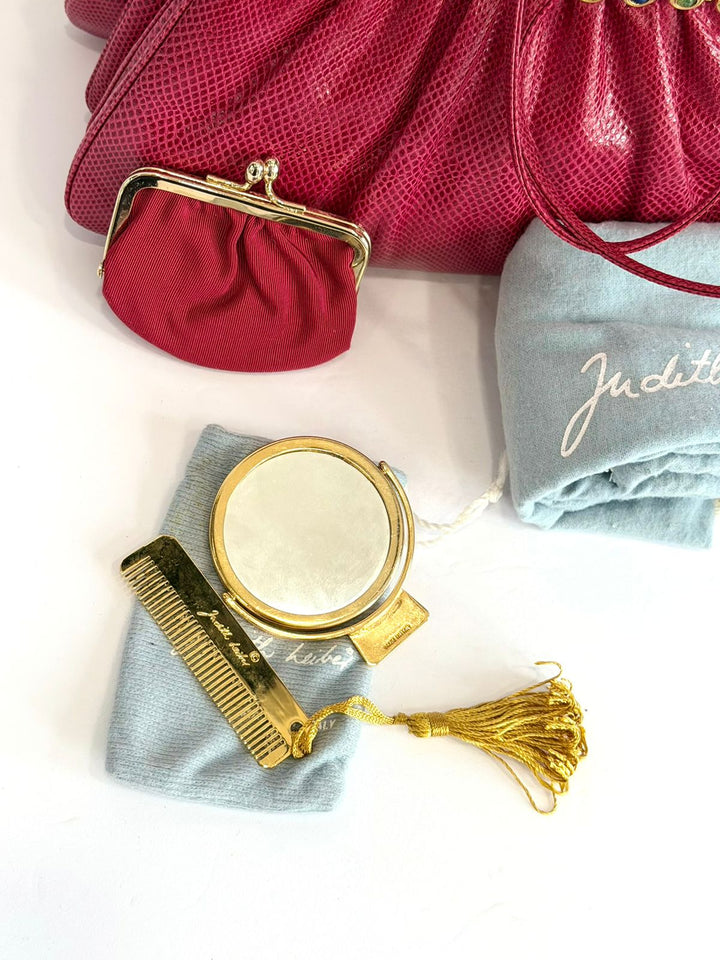JUDITH LEIBER RASPBERRY LIZARD LEATHER VINTAGE CLUTCH BAG
