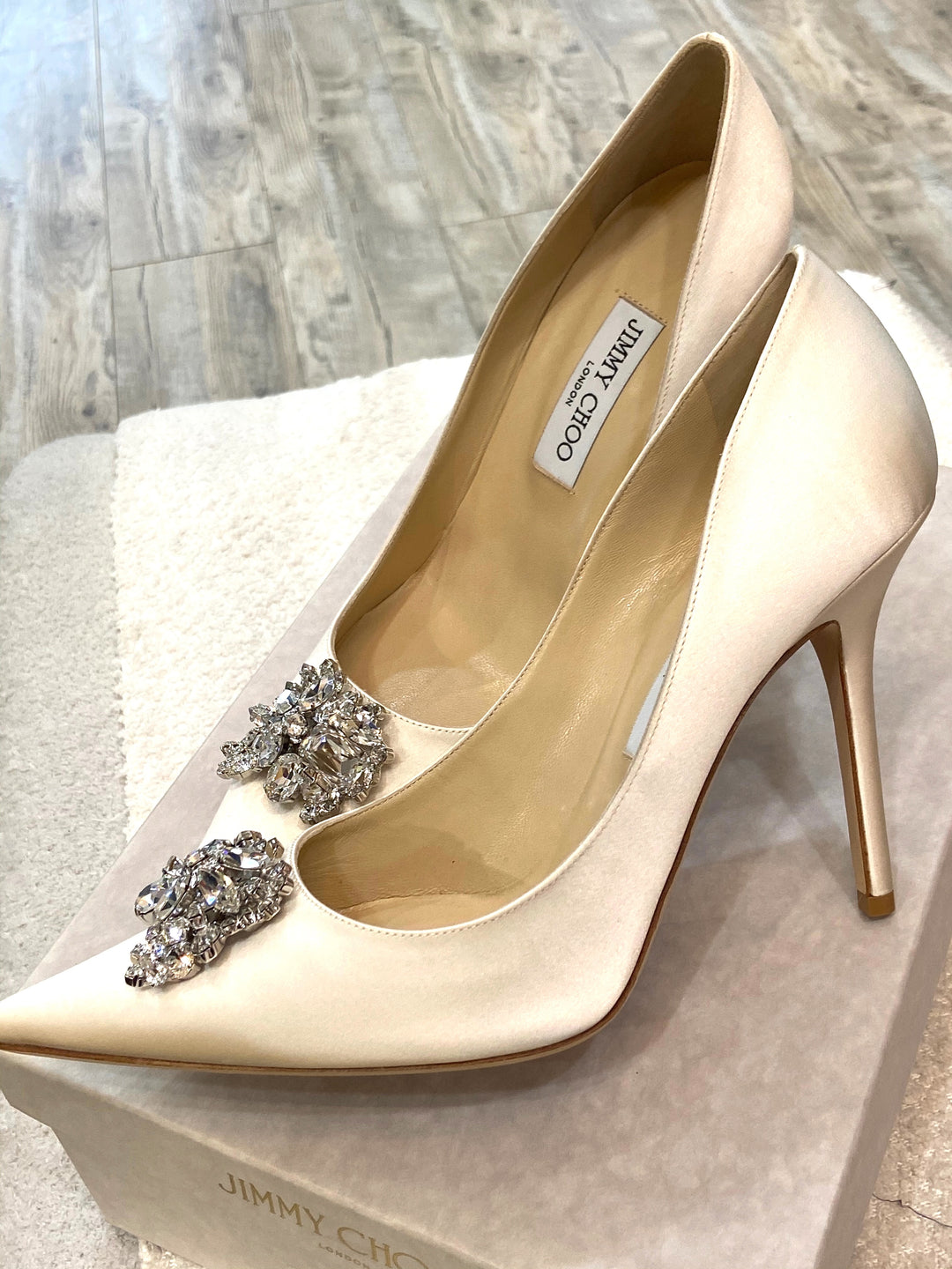 JIMMY CHOO ABEL SATIN CRYSTAL PUMPS