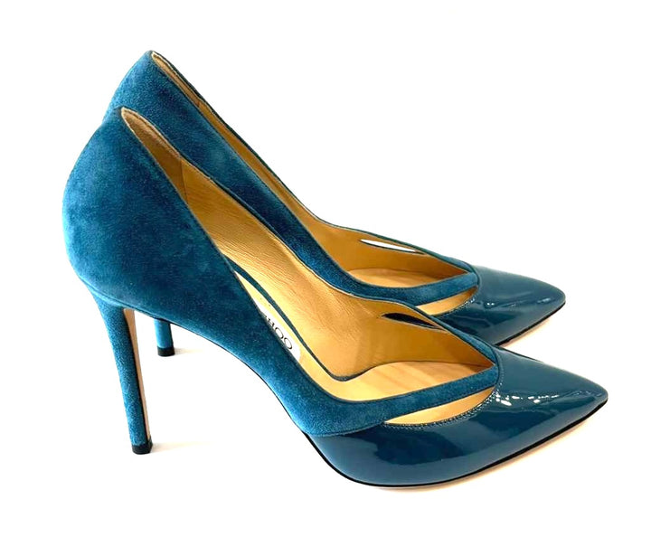 JIMMY CHOO ANOUK SUEDE PATENT ACCENT PUMPS