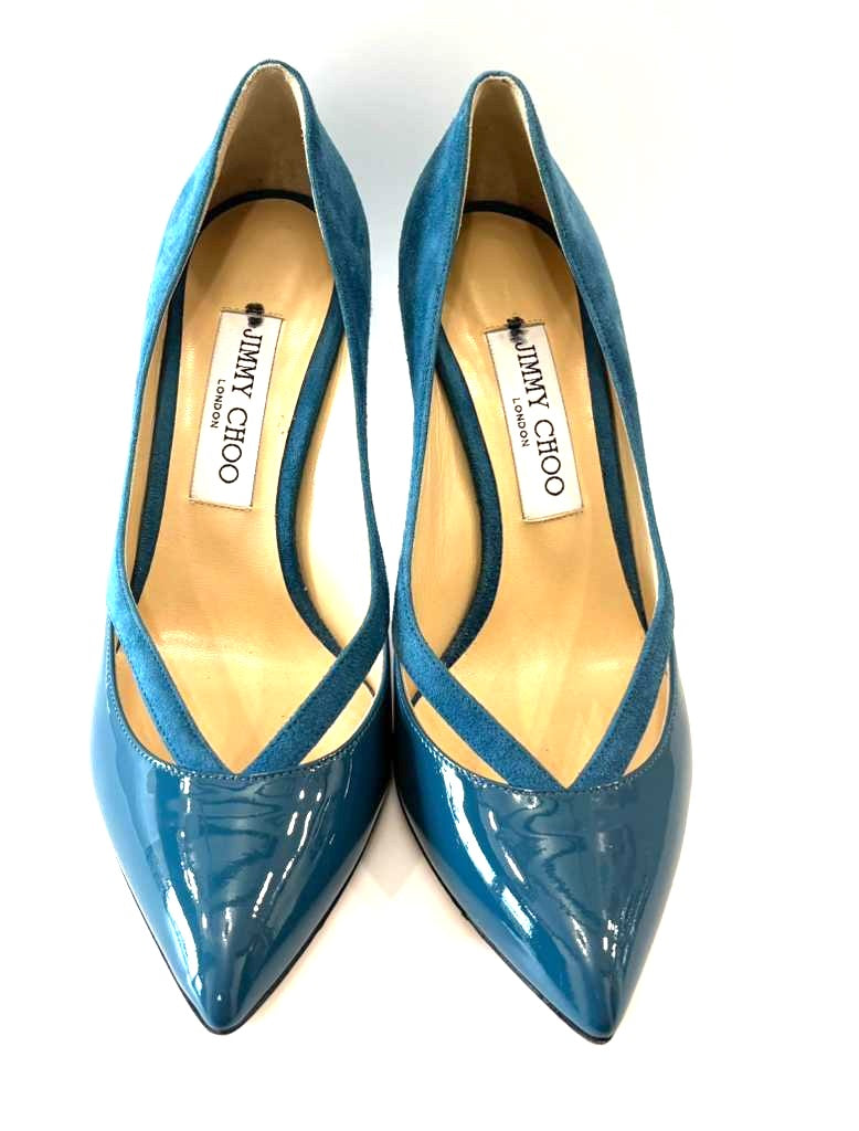 JIMMY CHOO ANOUK SUEDE PATENT ACCENT PUMPS