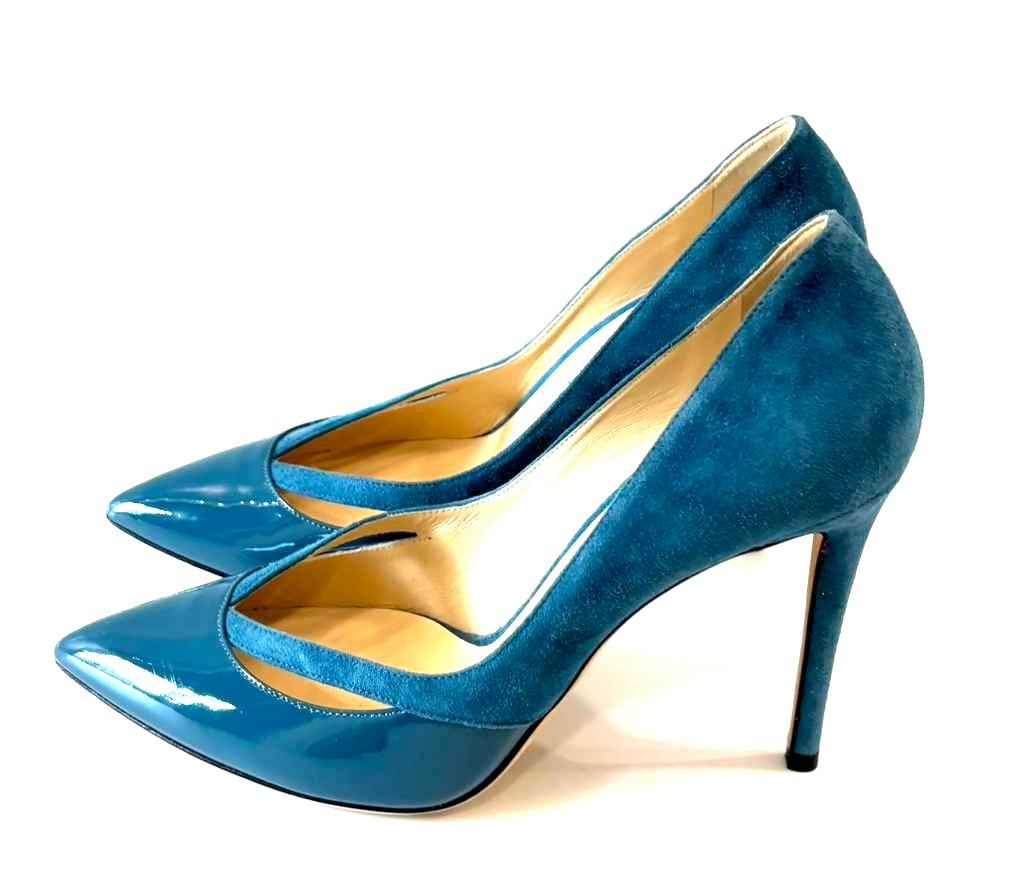JIMMY CHOO ANOUK SUEDE PATENT ACCENT PUMPS