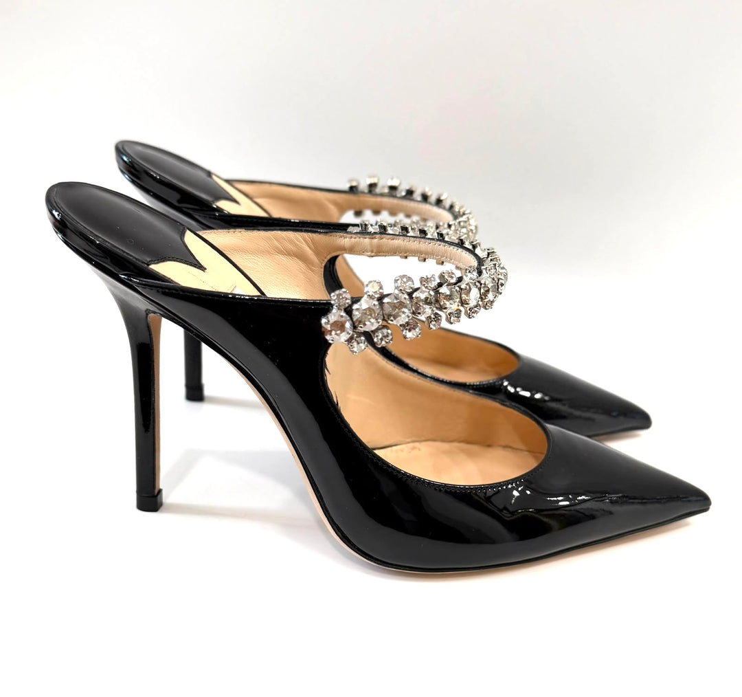 JIMMY CHOO BING CRYSTAL EMBELLISHED PATENT CALF LEATHER HEELED MULES