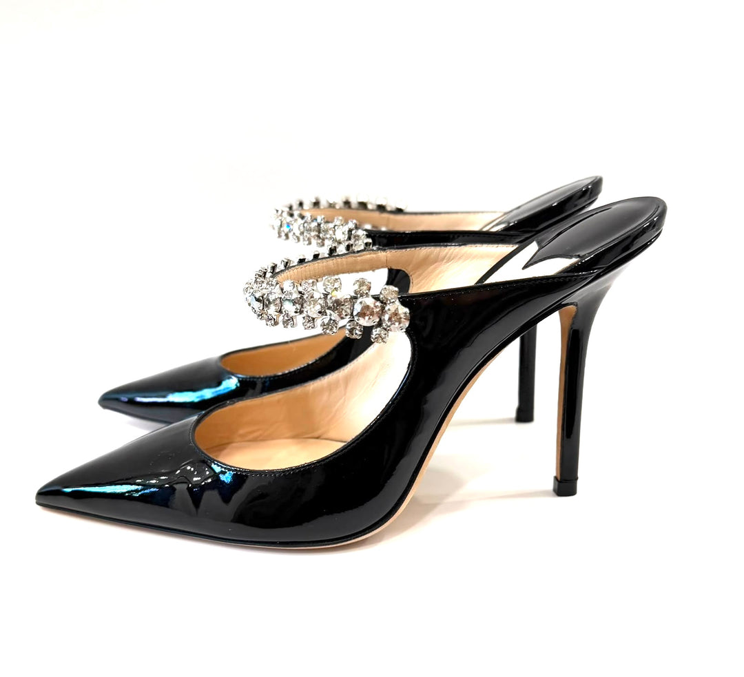 JIMMY CHOO BING CRYSTAL EMBELLISHED PATENT CALF LEATHER HEELED MULES