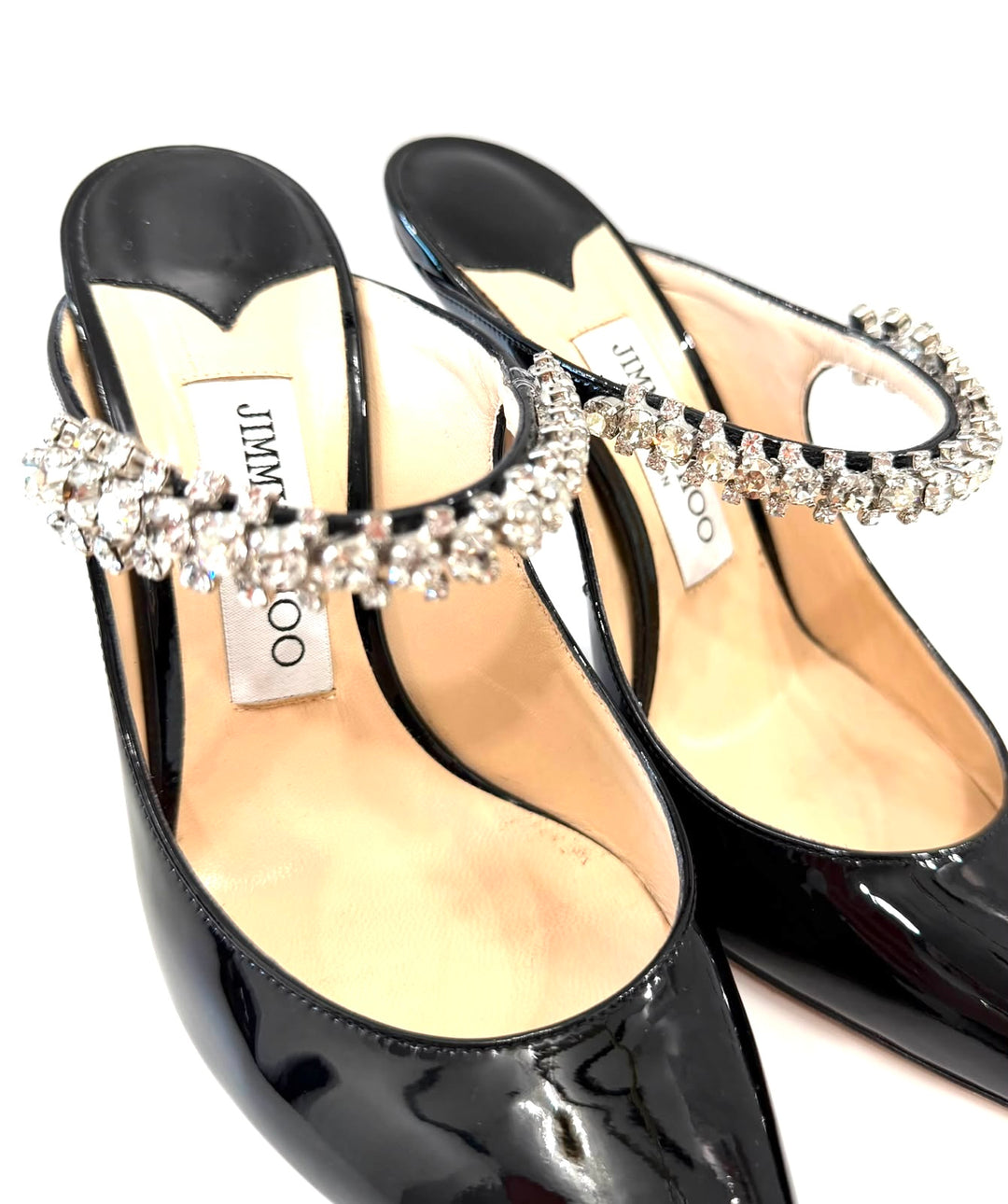 JIMMY CHOO BING CRYSTAL EMBELLISHED PATENT CALF LEATHER HEELED MULES