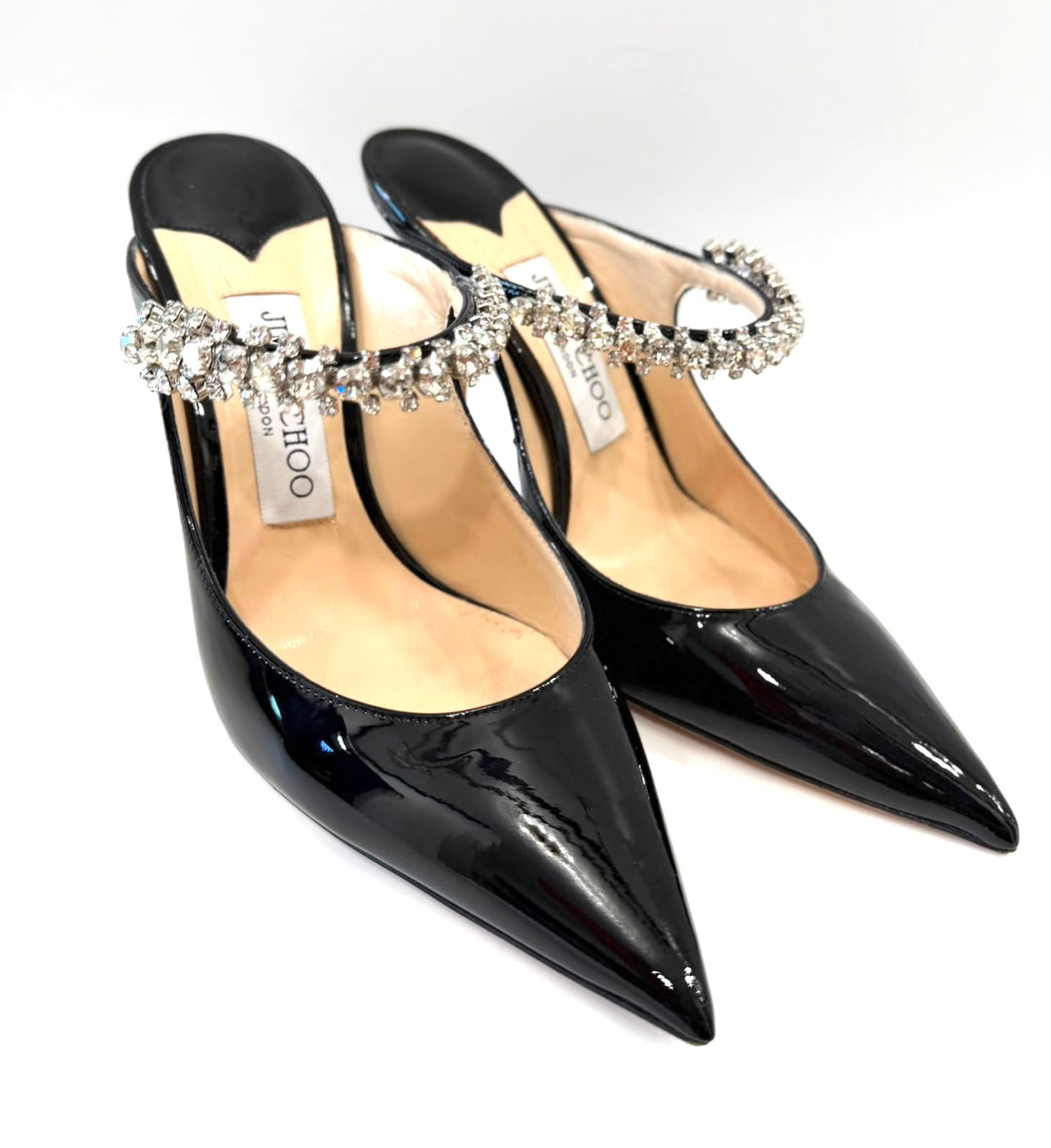 JIMMY CHOO BING CRYSTAL EMBELLISHED PATENT CALF LEATHER HEELED MULES