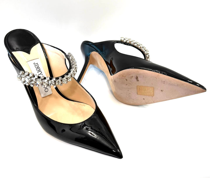 JIMMY CHOO BING CRYSTAL EMBELLISHED PATENT CALF LEATHER HEELED MULES