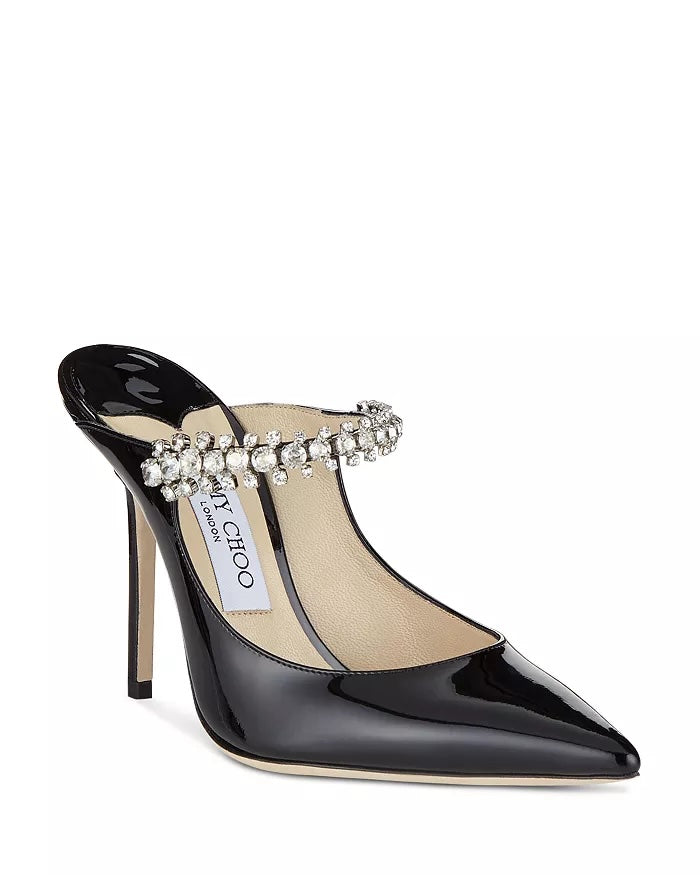 JIMMY CHOO BING CRYSTAL EMBELLISHED PATENT CALF LEATHER HEELED MULES