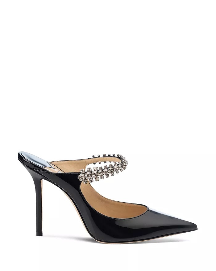 JIMMY CHOO BING CRYSTAL EMBELLISHED PATENT CALF LEATHER HEELED MULES