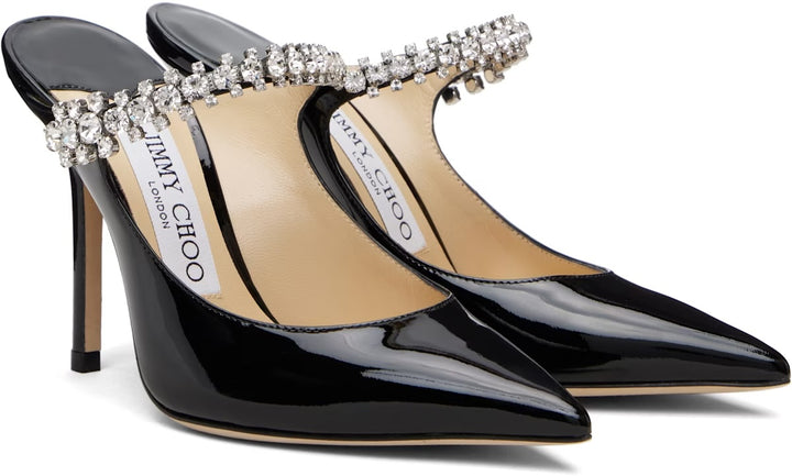 JIMMY CHOO BING CRYSTAL EMBELLISHED PATENT CALF LEATHER HEELED MULES