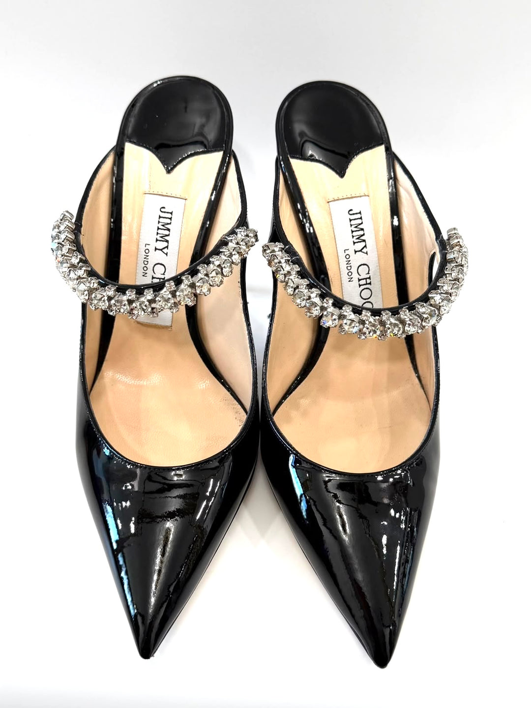 JIMMY CHOO BING CRYSTAL EMBELLISHED PATENT CALF LEATHER HEELED MULES