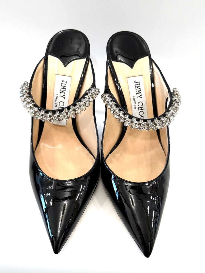 JIMMY CHOO BING CRYSTAL EMBELLISHED PATENT CALF LEATHER HEELED MULES