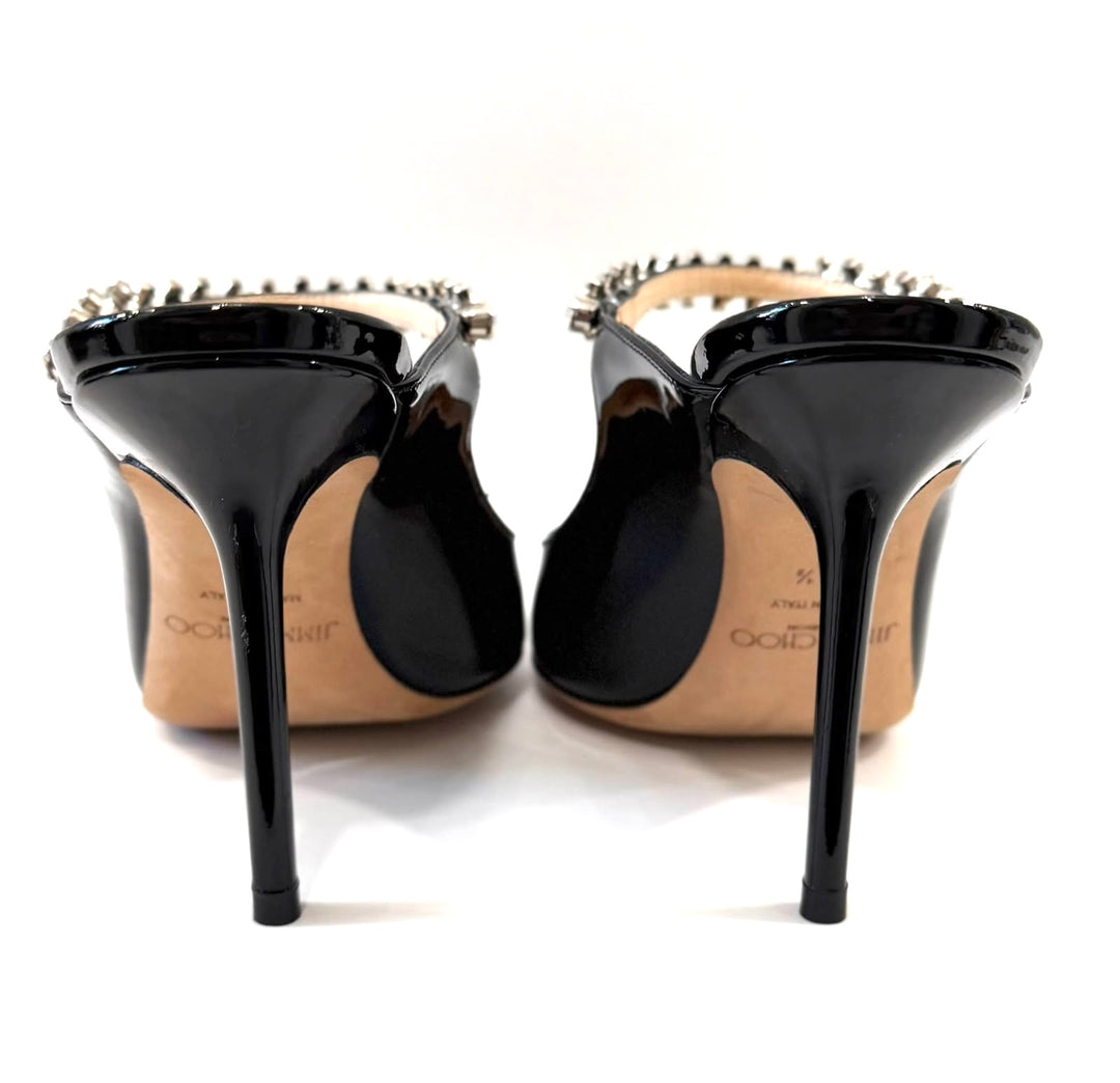 JIMMY CHOO BING CRYSTAL EMBELLISHED PATENT CALF LEATHER HEELED MULES