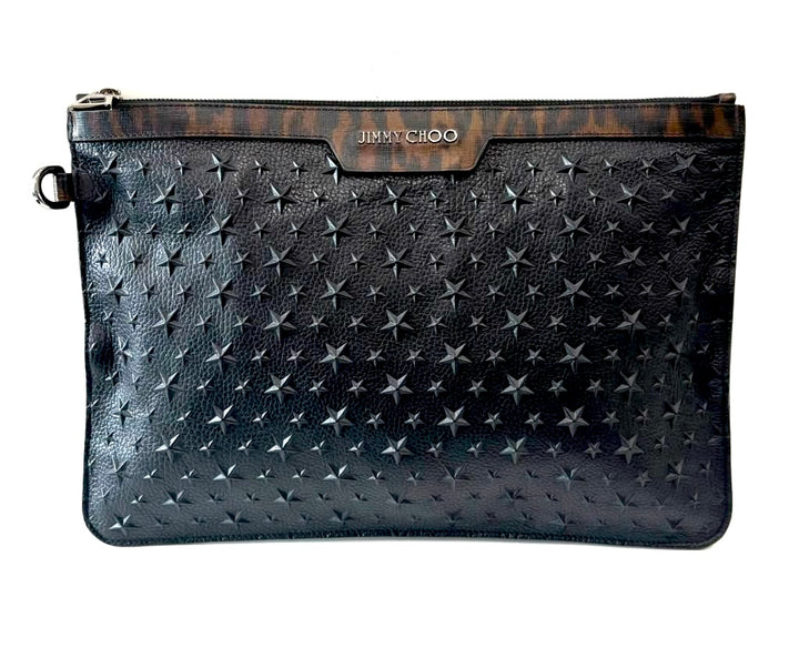 JIMMY CHOO DEREK CALFSKIN LEATHER STAR POUCH CLUTCH BAG