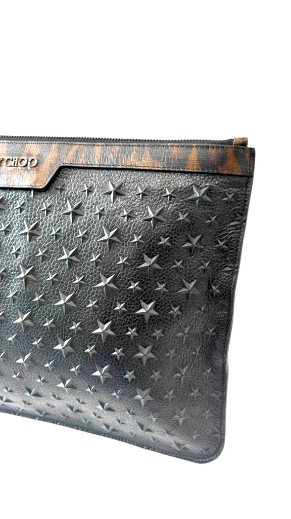 JIMMY CHOO DEREK CALFSKIN LEATHER STAR POUCH CLUTCH BAG