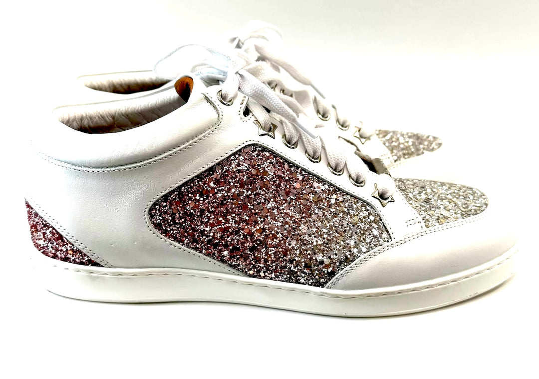 JIMMY CHOO MIAMI TEA ROSE GLITTER LOGO CALFSKIN LEATHER SNEAKERS