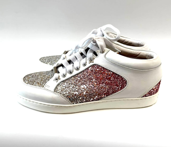 JIMMY CHOO MIAMI TEA ROSE GLITTER LOGO CALFSKIN LEATHER SNEAKERS