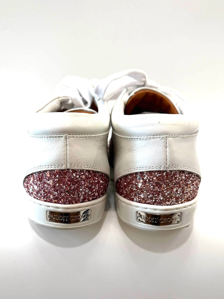 JIMMY CHOO MIAMI TEA ROSE GLITTER LOGO CALFSKIN LEATHER SNEAKERS