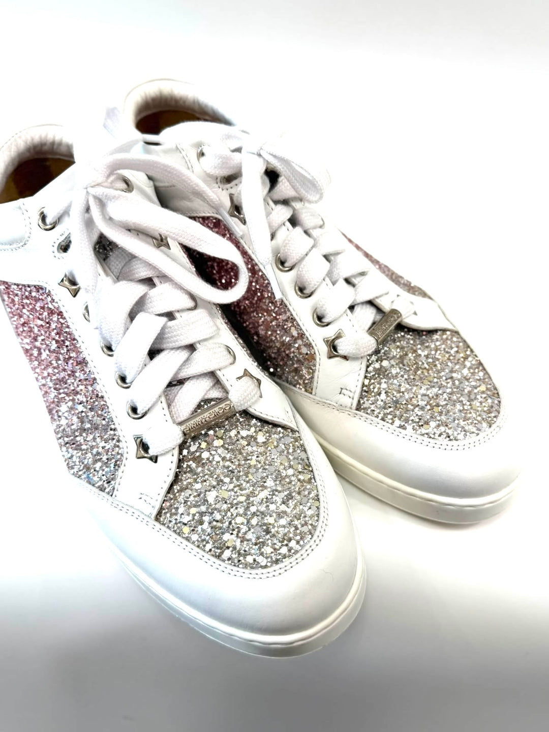 JIMMY CHOO MIAMI TEA ROSE GLITTER LOGO CALFSKIN LEATHER SNEAKERS