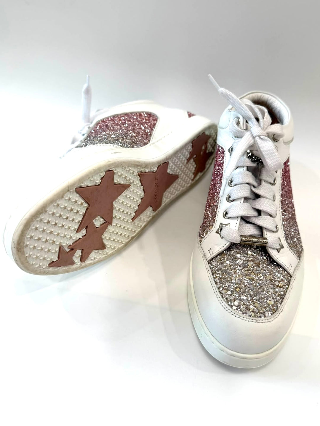JIMMY CHOO MIAMI TEA ROSE GLITTER LOGO CALFSKIN LEATHER SNEAKERS