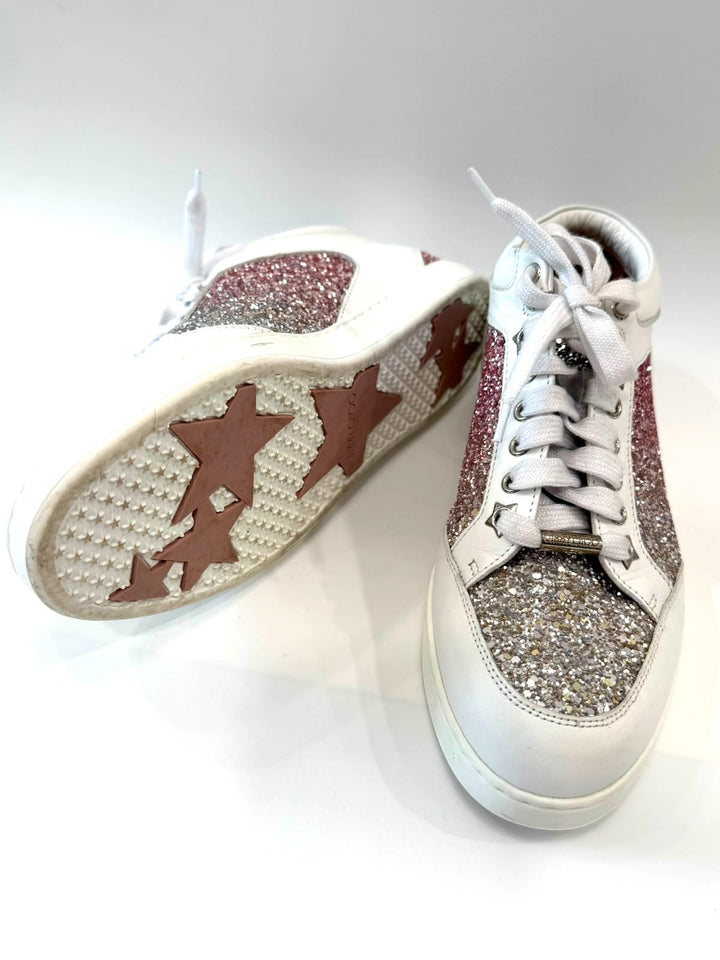 JIMMY CHOO MIAMI TEA ROSE GLITTER LOGO CALFSKIN LEATHER SNEAKERS