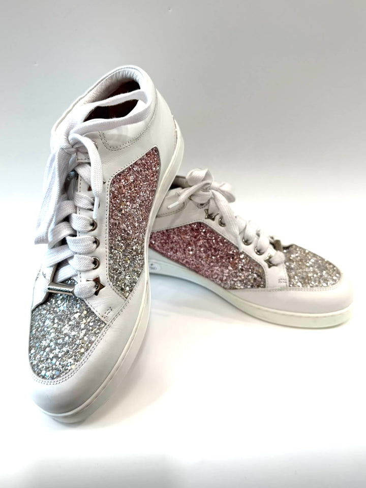 JIMMY CHOO MIAMI TEA ROSE GLITTER LOGO CALFSKIN LEATHER SNEAKERS