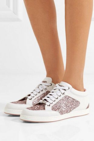 JIMMY CHOO MIAMI TEA ROSE GLITTER LOGO CALFSKIN LEATHER SNEAKERS