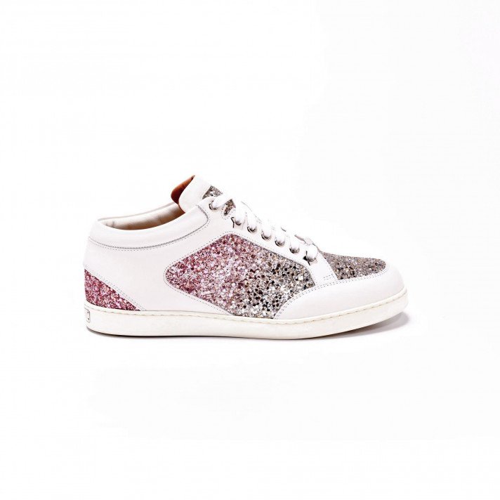 JIMMY CHOO MIAMI TEA ROSE GLITTER LOGO CALFSKIN LEATHER SNEAKERS
