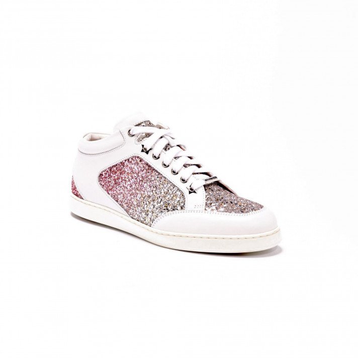 JIMMY CHOO MIAMI TEA ROSE GLITTER LOGO CALFSKIN LEATHER SNEAKERS