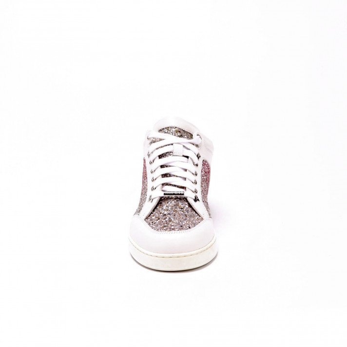 JIMMY CHOO MIAMI TEA ROSE GLITTER LOGO CALFSKIN LEATHER SNEAKERS