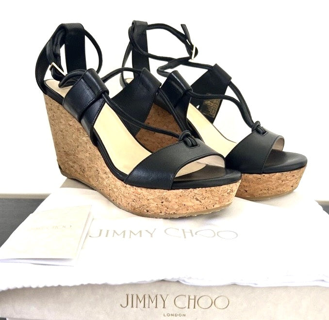 JIMMY CHOO NELSON CALFSKIN LEATHER WEDGE HEEL SANDALS