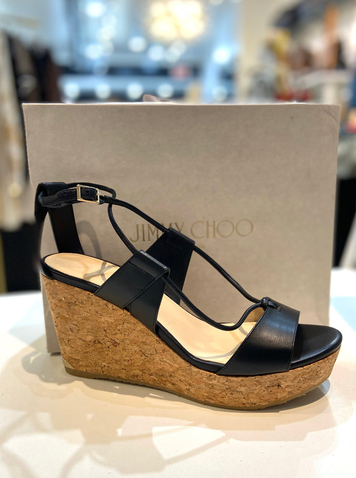 JIMMY CHOO NELSON CALFSKIN LEATHER WEDGE HEEL SANDALS