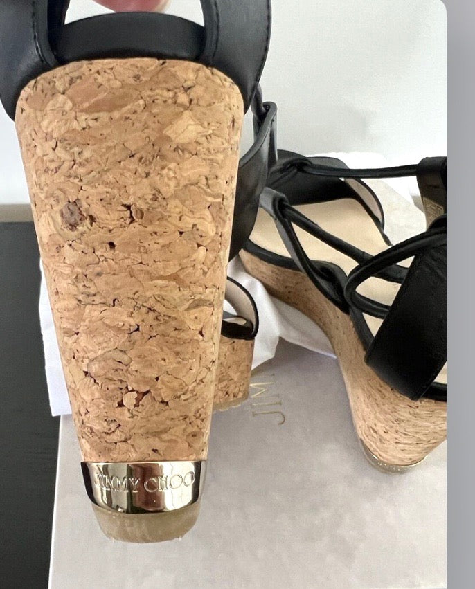JIMMY CHOO NELSON CALFSKIN LEATHER WEDGE HEEL SANDALS