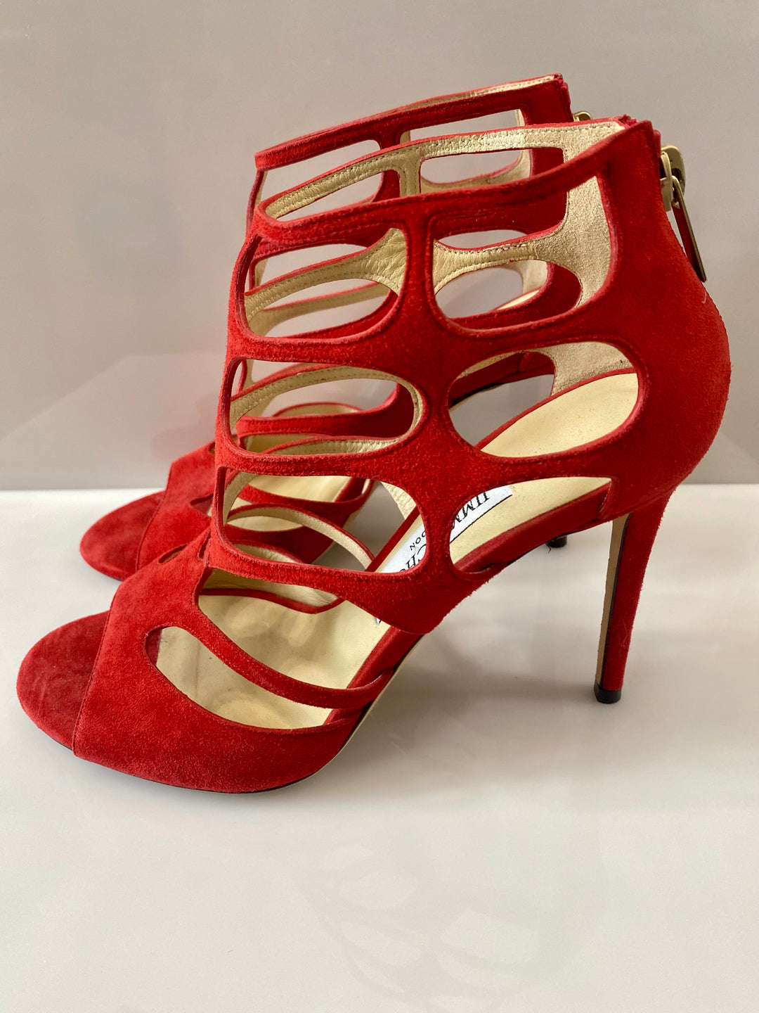 Jimmy Choo hotsell REN 42 Red Suede Caged Sandals