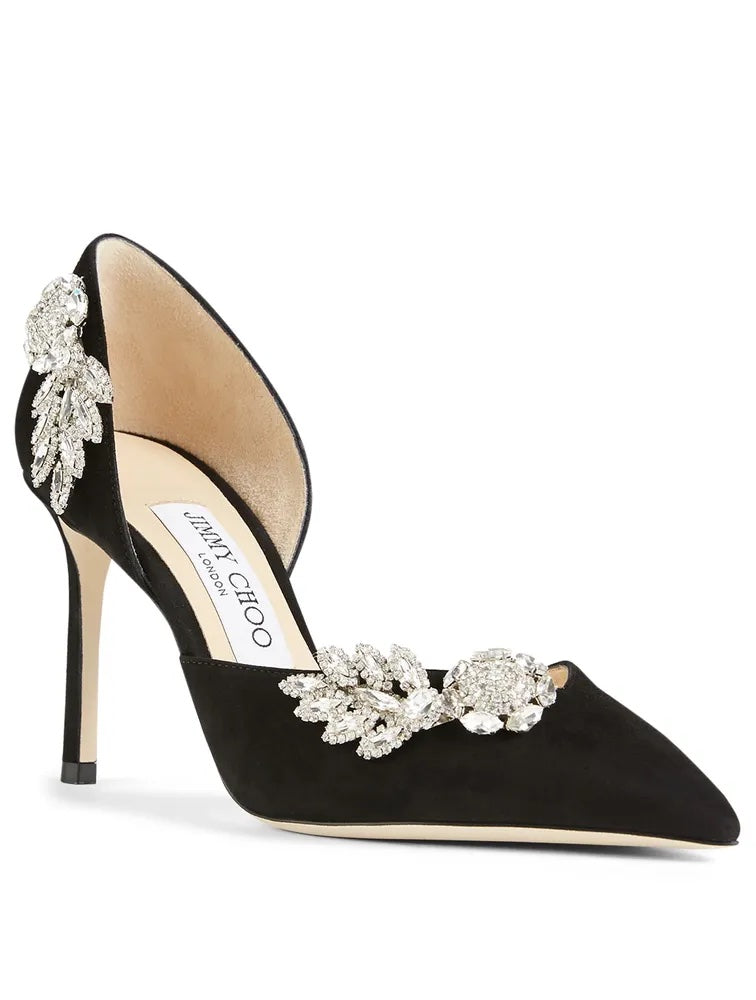 JIMMY CHOO TEJA 100 CRYSTAL EMBELISHED SUEDE PUMPS