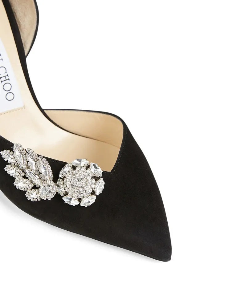 JIMMY CHOO TEJA 100 CRYSTAL EMBELISHED SUEDE PUMPS