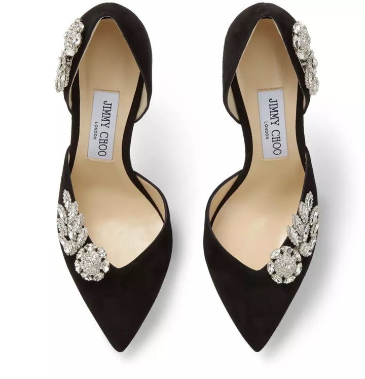 JIMMY CHOO TEJA 100 CRYSTAL EMBELISHED SUEDE PUMPS